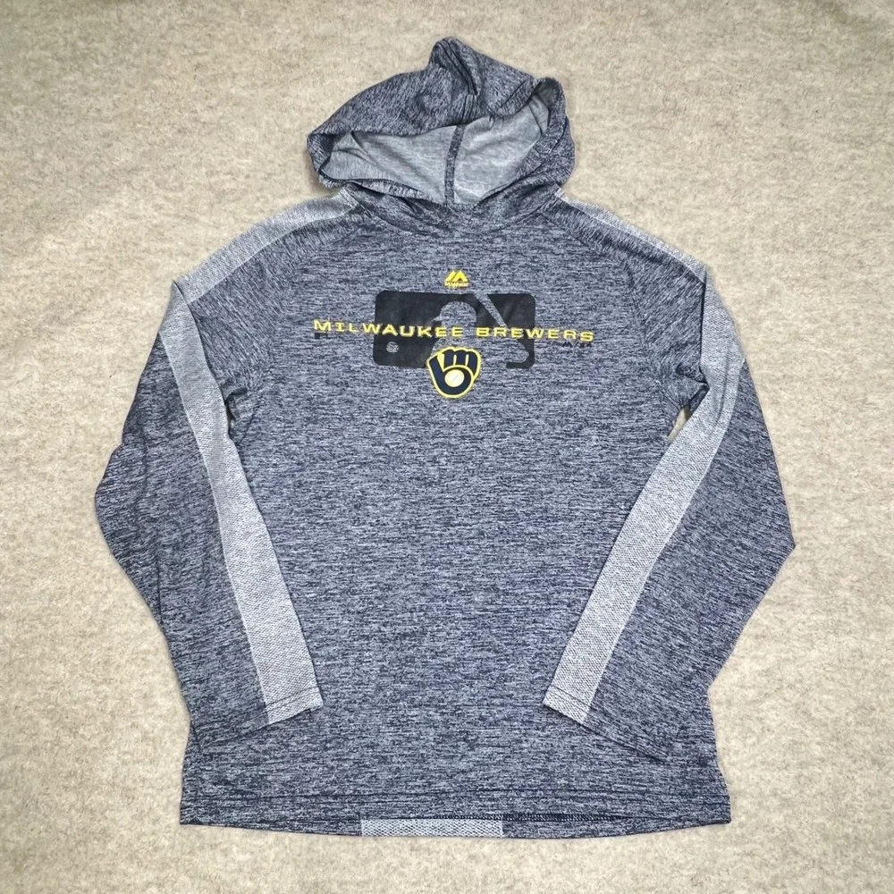 Majestic Milwaukee Brewers MLB Mens Space Dye Lightweight Hoodie Small Tech EUC - Picture 1 of 6